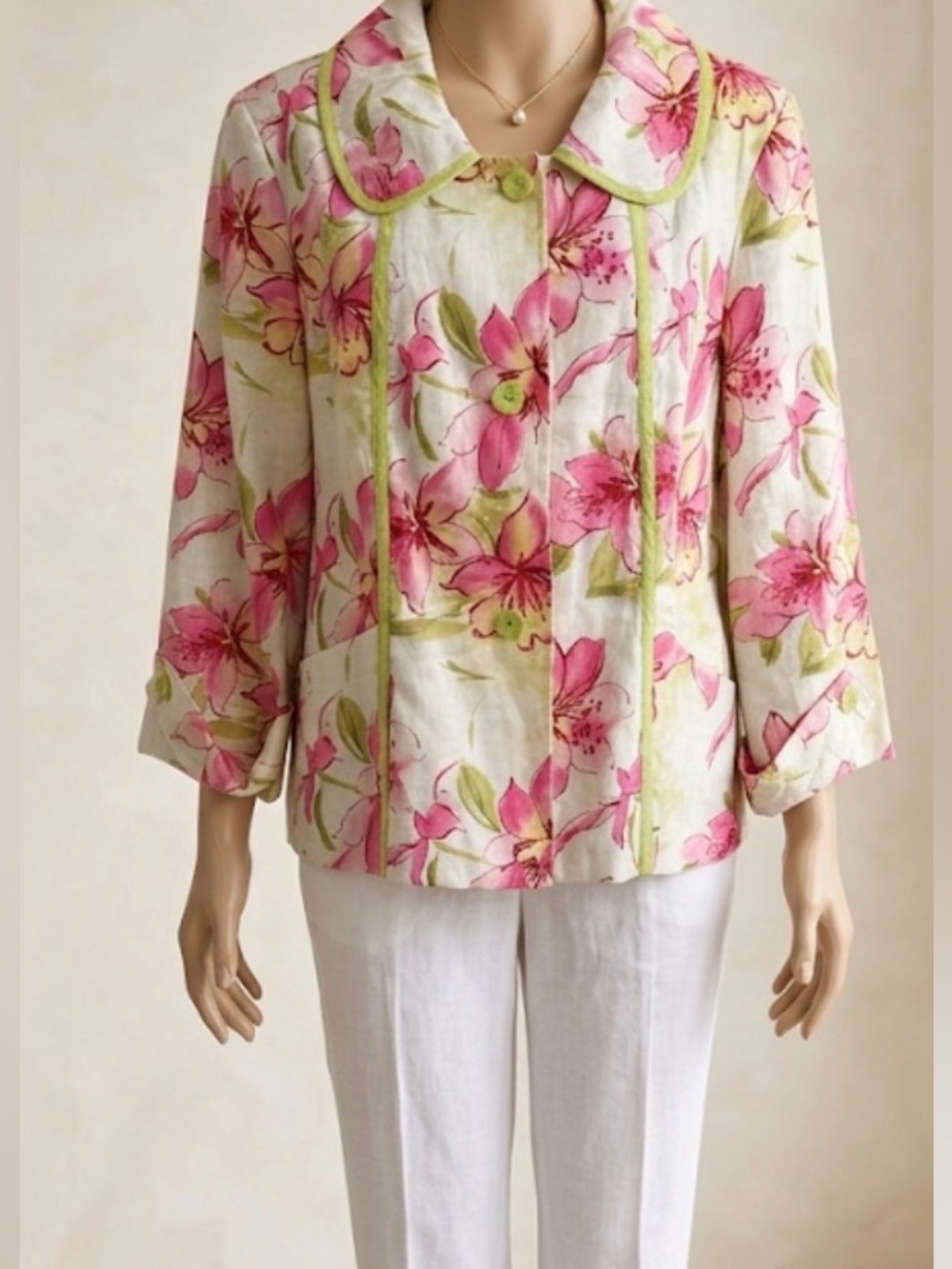 Vintage Carole Little Pink Floral & Green Linen Shell Jacket Size XL